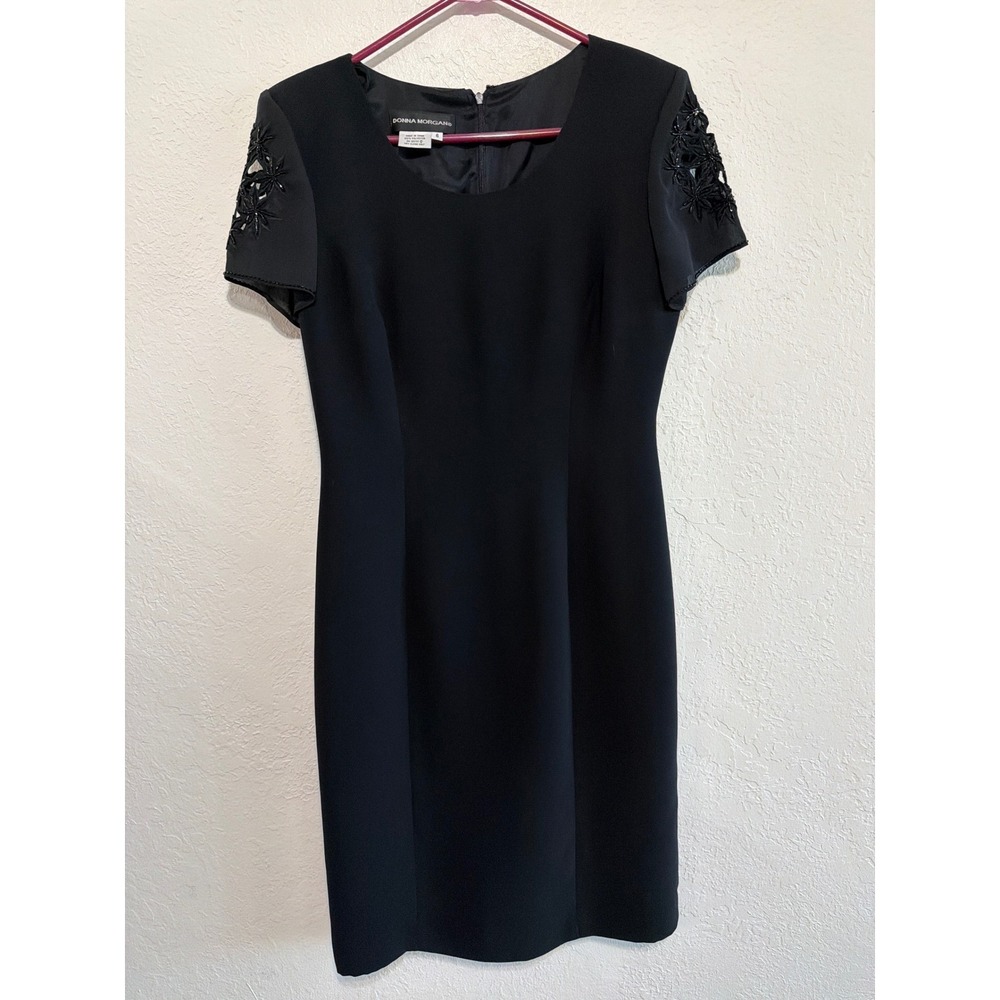 Donna Morgan Black Beaded Sheath Dress Floral Cutout Sleeve Event Cocktail 6